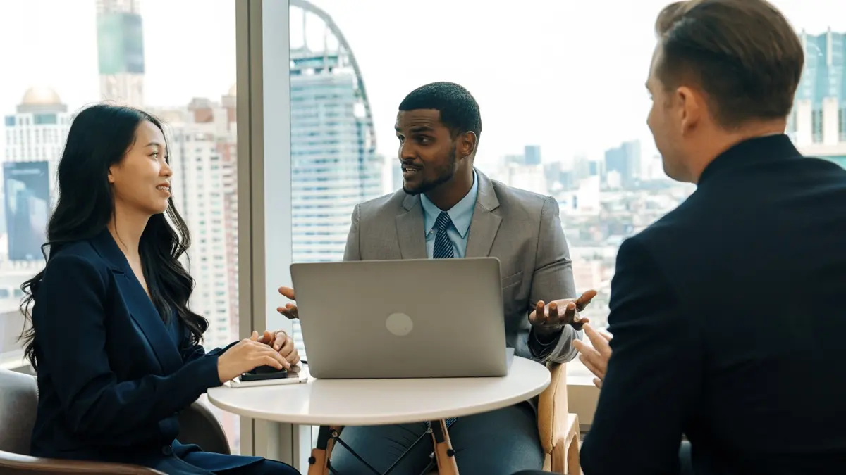 Professionals in an office overlooking the city, the kind of ADGM entity that needs a company service provider