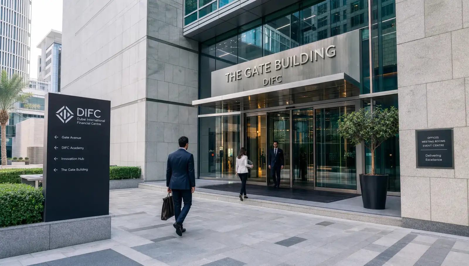 The entrance to the DIFC Gate Building, where a formation provider files on a client's behalf