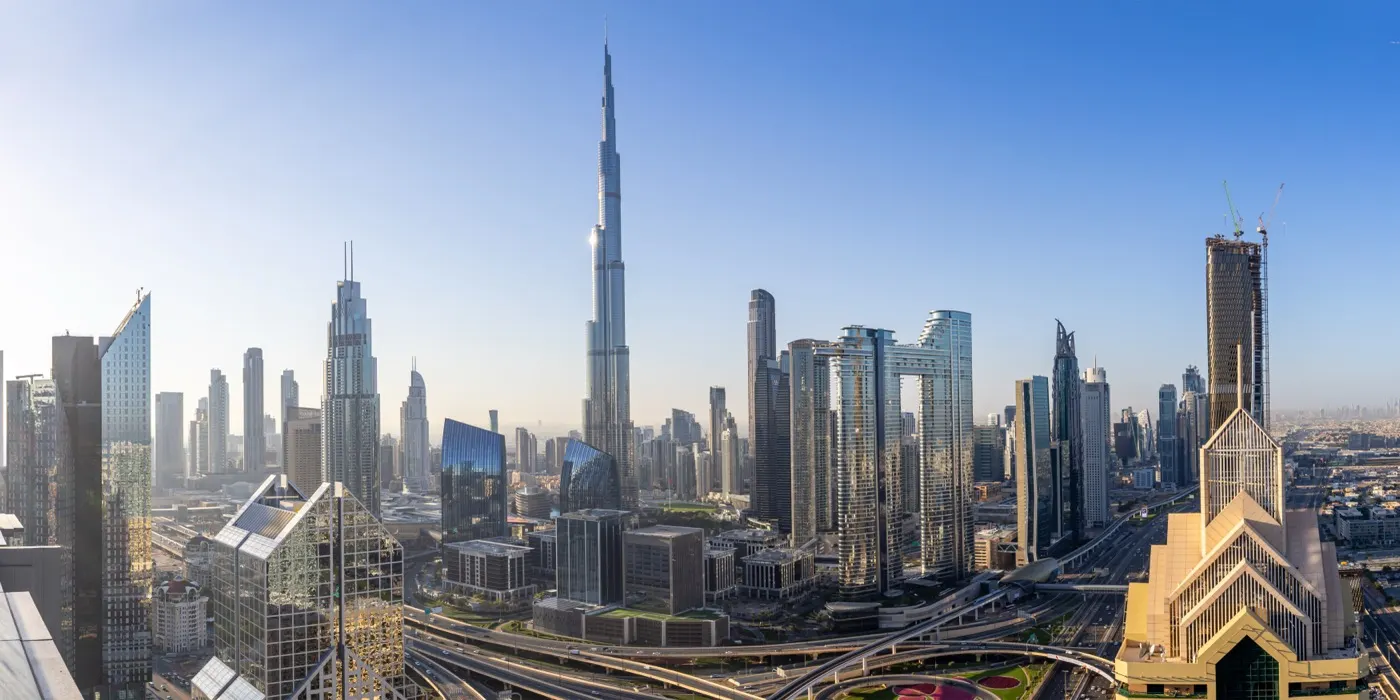 Downtown Dubai from the air with the Burj Khalifa at its centre, the country a residency certificate confirms