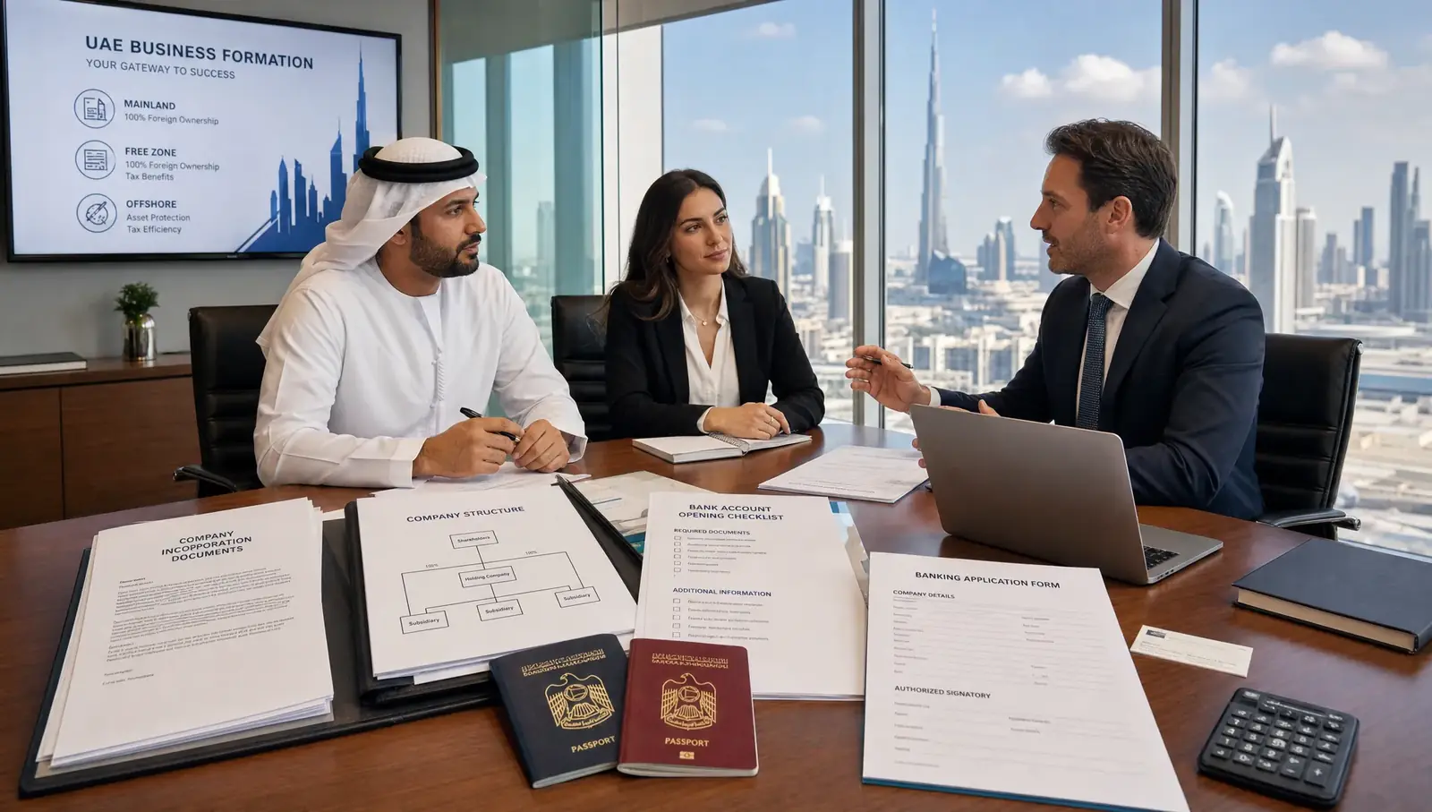 A UAE business formation meeting: incorporation documents, a company structure chart, passports and a bank account opening checklist laid out during an advisory session in Dubai.